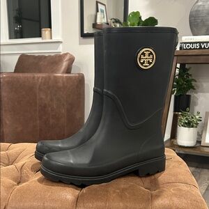 Tory Burch Black rain Boots with Gold Emblem